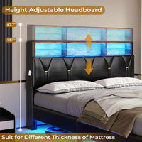Sikaic Bed Frame Faux Leather LED Bed Frame with Outlets and Storage Headboard Black