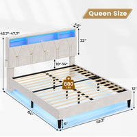 Sikaic Bed Frame Faux Leather LED Bed Frame with Outlets and Storage Headboard White