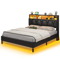 Sikaic Bed Frame Faux Leather LED Bed Frame with Storage Headboard Black
