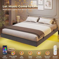 Sikaic Bed Frame Floating Bed Frame Linen Upholstered Platform with LED Lights Underbed Storage Space No Box Spring Needed Dark Grey