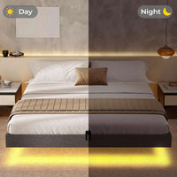 Sikaic Bed Frame Floating Bed Frame Linen Upholstered Platform with LED Lights Underbed Storage Space No Box Spring Needed Dark Grey