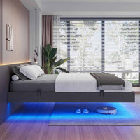 Sikaic Bed Frame Floating Bed Frame Linen Upholstered Platform with LED Lights Underbed Storage Space No Box Spring Needed Dark Grey