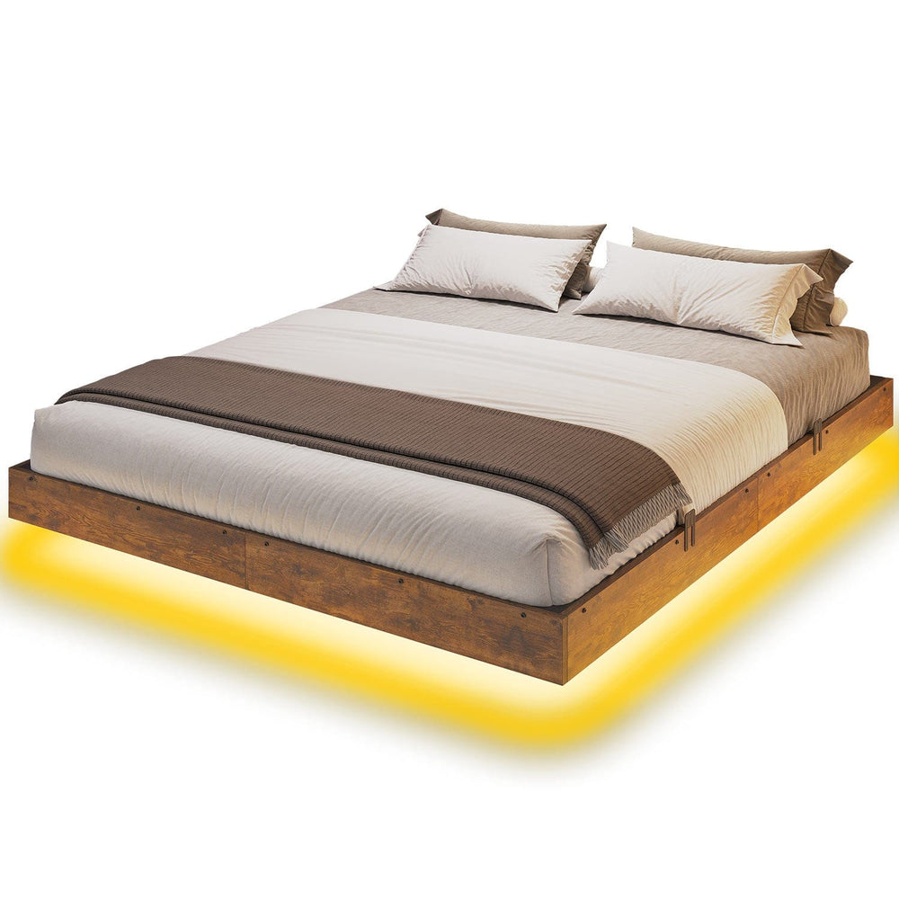 Sikaic Bed Frame Floating Industrial Wooden Metal Platform Bed Frame Brown