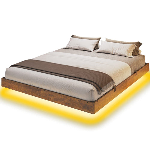 Sikaic Bed Frame Floating Industrial Wooden Metal Platform Bed Frame Brown