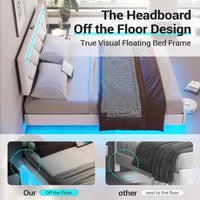 Sikaic Bed Frame Floating LED Bed Frame with Outlets Leather Upholstered Headboard White