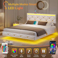 Sikaic Bed Frame Floating LED Bed Frame with Outlets Leather Upholstered Headboard White