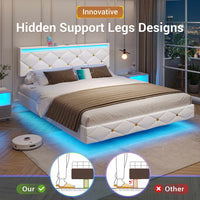 Sikaic Bed Frame Floating LED Bed Frame with Outlets Leather Upholstered Headboard White
