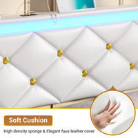 Sikaic Bed Frame Floating LED Bed Frame with Outlets Leather Upholstered Headboard White