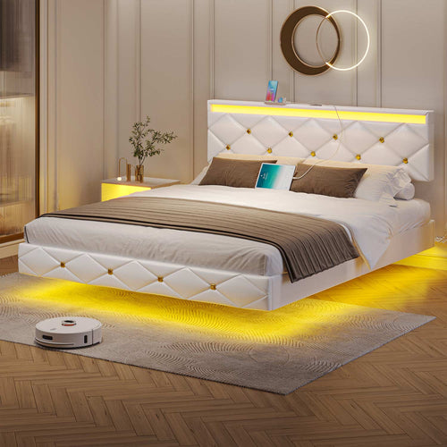 Sikaic Bed Frame Floating LED Bed Frame with Outlets Leather Upholstered Headboard White