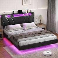 Sikaic Bed Frame Floating Upholstered Leather Platform Bed Frame with LED Lights Storage Headboard and Charging Station Black