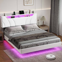 Sikaic Bed Frame Floating Upholstered Leather Platform Bed Frame with LED Lights Storage Headboard and Charging Station White