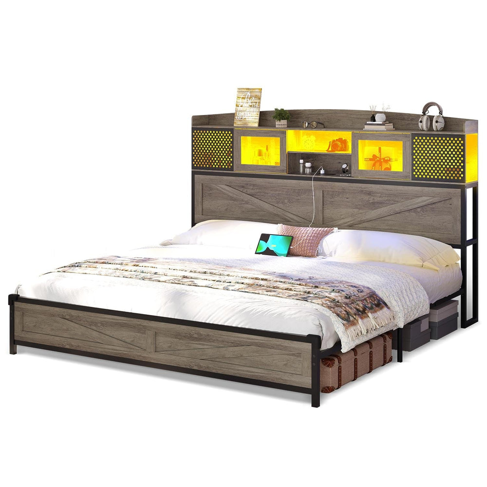 Sikaic Bed Frame King Size LED Bed Frame with Storage Headboard Grey Grey / Engineered Wood / Farmhouse