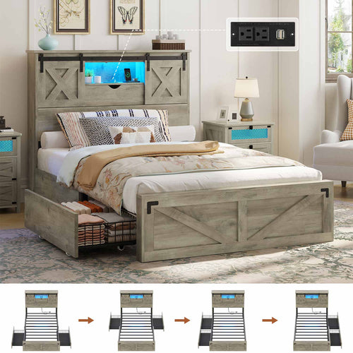 Sikaic Bed Frame Twin Size Bed Frame with 2 Storage Drawers and LED Lights Rustic Oak Grey / Engineered Wood / Farmhouse