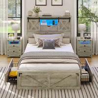 Sikaic Bed Frame Twin Size Bed Frame with 2 Storage Drawers and LED Lights Rustic Oak Grey / Engineered Wood / Farmhouse