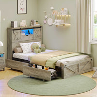 Sikaic Bed Frame Twin Size Bed Frame with 2 Storage Drawers and LED Lights Rustic Oak Grey / Engineered Wood / Farmhouse