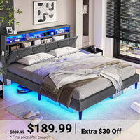 Sikaic Bed Frame LED Full Size Bed Frame with Headboard Hidden Storage Grey Grey / Full / Wood