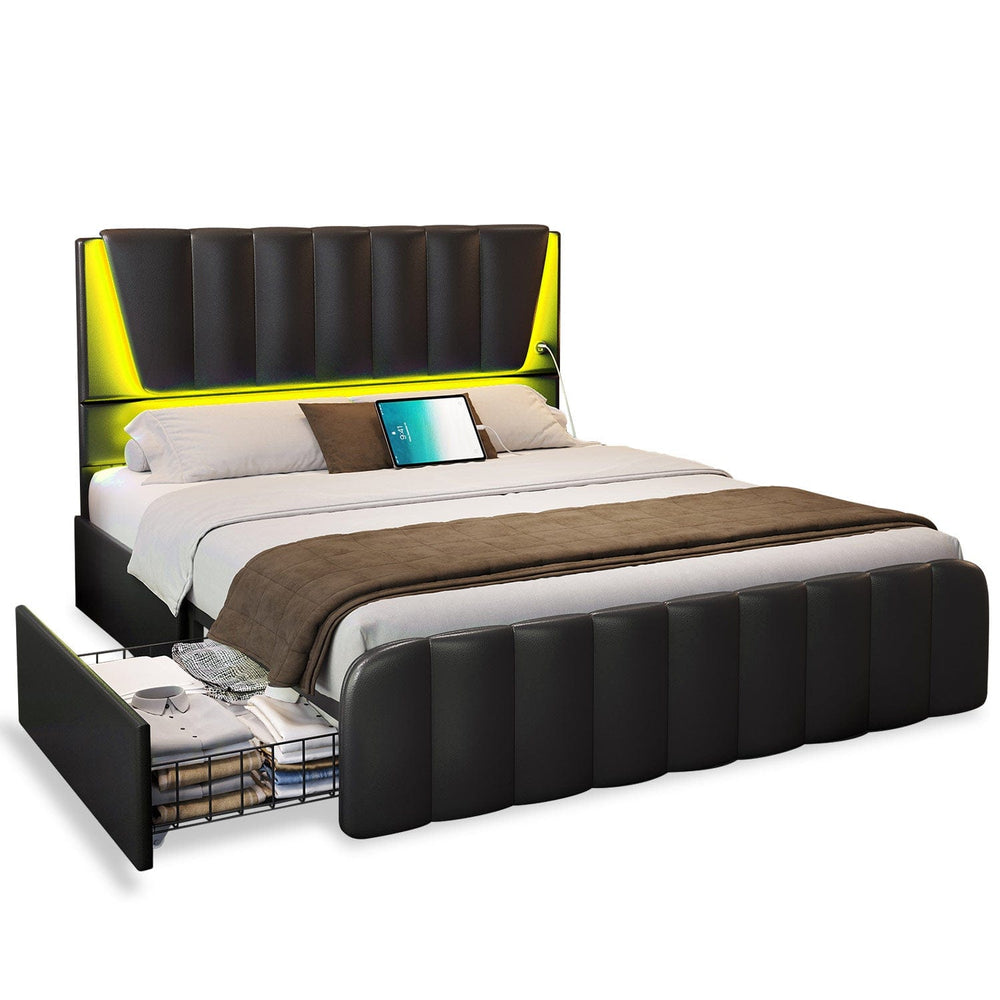 Sikaic Bed Frame LED Bed Frame with 4 Storage Drawers Black