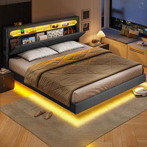 Sikaic Bed Frame LED Bed Frame with Charging Station Storage Headboard Black