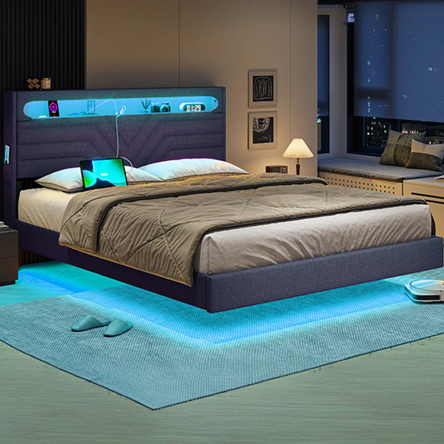 Sikaic Led Bed Frame With Storage Outlets Dark Grey