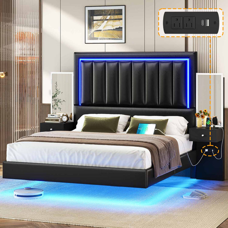 Sikaic Bed Frame LED Bed Frame with Outlets 2 Nightstands with Mirror Black