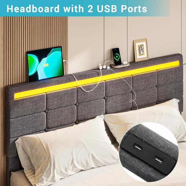 Sikaic Led Bed Frame With Storage Outlets Dark Grey