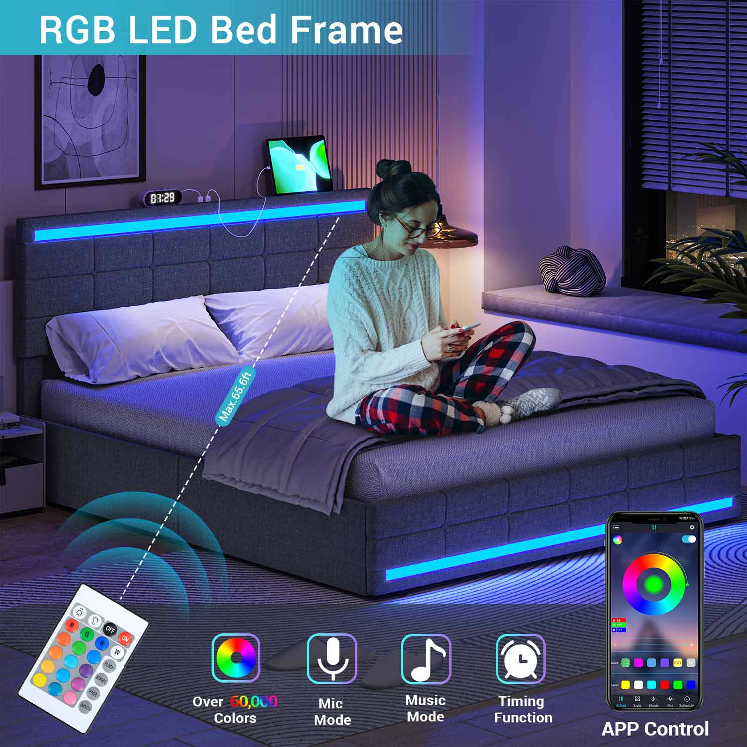 Sikaic Led Bed Frame With Storage Outlets Dark Grey