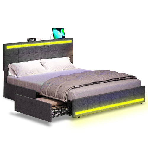 Sikaic Bed Frame LED Bed Frame with Storage Dark Grey