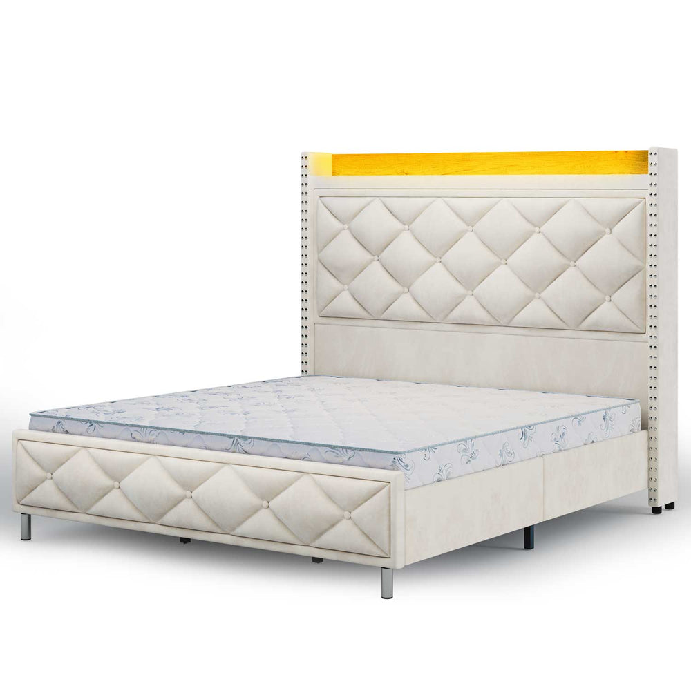 Sikaic Bed Frame LED Bed Frame with Tall Headboard Beige