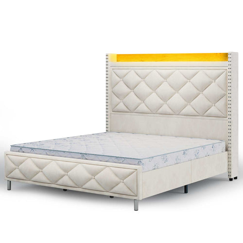Sikaic Bed Frame LED Bed Frame with Tall Headboard Beige