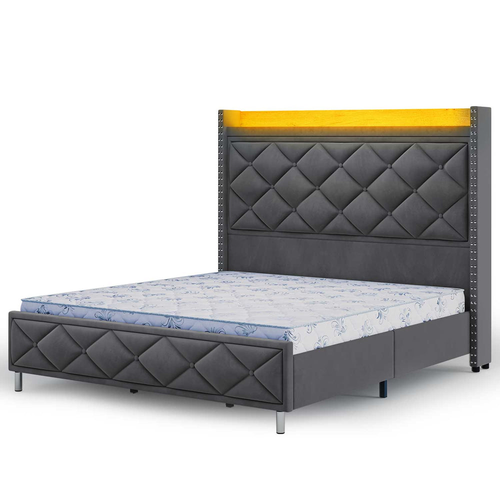 Sikaic Bed Frame LED Bed Frame with Tall Headboard Dark Gray