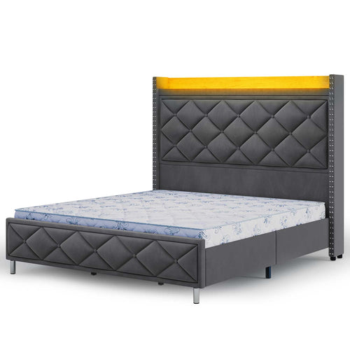 Sikaic Bed Frame LED Bed Frame with Tall Headboard Dark Gray