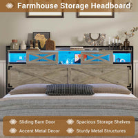 Sikaic Bed Frame LED Farmhouse Platform Bed Frame with Charging Station Storage Headboard Sliding Barn Door Grey