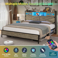 Sikaic Bed Frame LED Farmhouse Platform Bed Frame with Charging Station Storage Headboard Sliding Barn Door Grey