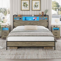 Sikaic Bed Frame LED Farmhouse Platform Bed Frame with Charging Station Storage Headboard Sliding Barn Door Grey