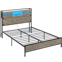 Sikaic Bed Frame LED Farmhouse Platform Bed Frame with Charging Station Storage Headboard Sliding Barn Door Grey