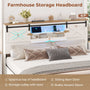 Sikaic Bed Frame LED Farmhouse Wooden Platform Bed Frame With Charging Station 2 Drawers & Storage Headboard Sliding Barn Door White