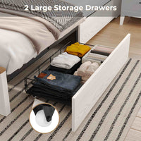 Sikaic Bed Frame LED Farmhouse Wooden Platform Bed Frame With Charging Station 2 Drawers & Storage Headboard Sliding Barn Door White