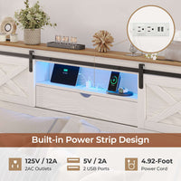 Sikaic Bed Frame LED Farmhouse Wooden Platform Bed Frame With Charging Station 2 Drawers & Storage Headboard Sliding Barn Door White