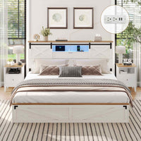 Sikaic Bed Frame LED Farmhouse Wooden Platform Bed Frame With Charging Station 2 Drawers & Storage Headboard Sliding Barn Door White