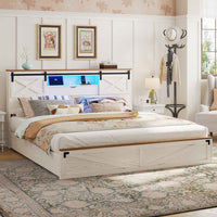 Sikaic Bed Frame LED Farmhouse Wooden Platform Bed Frame With Charging Station 2 Drawers & Storage Headboard Sliding Barn Door White