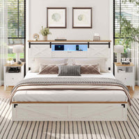 Sikaic Bed Frame LED Farmhouse Wooden Platform Bed Frame With Charging Station 2 Drawers & Storage Headboard Sliding Barn Door White