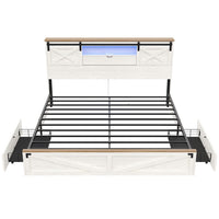 Sikaic Bed Frame LED Farmhouse Wooden Platform Bed Frame With Charging Station 2 Drawers & Storage Headboard Sliding Barn Door White