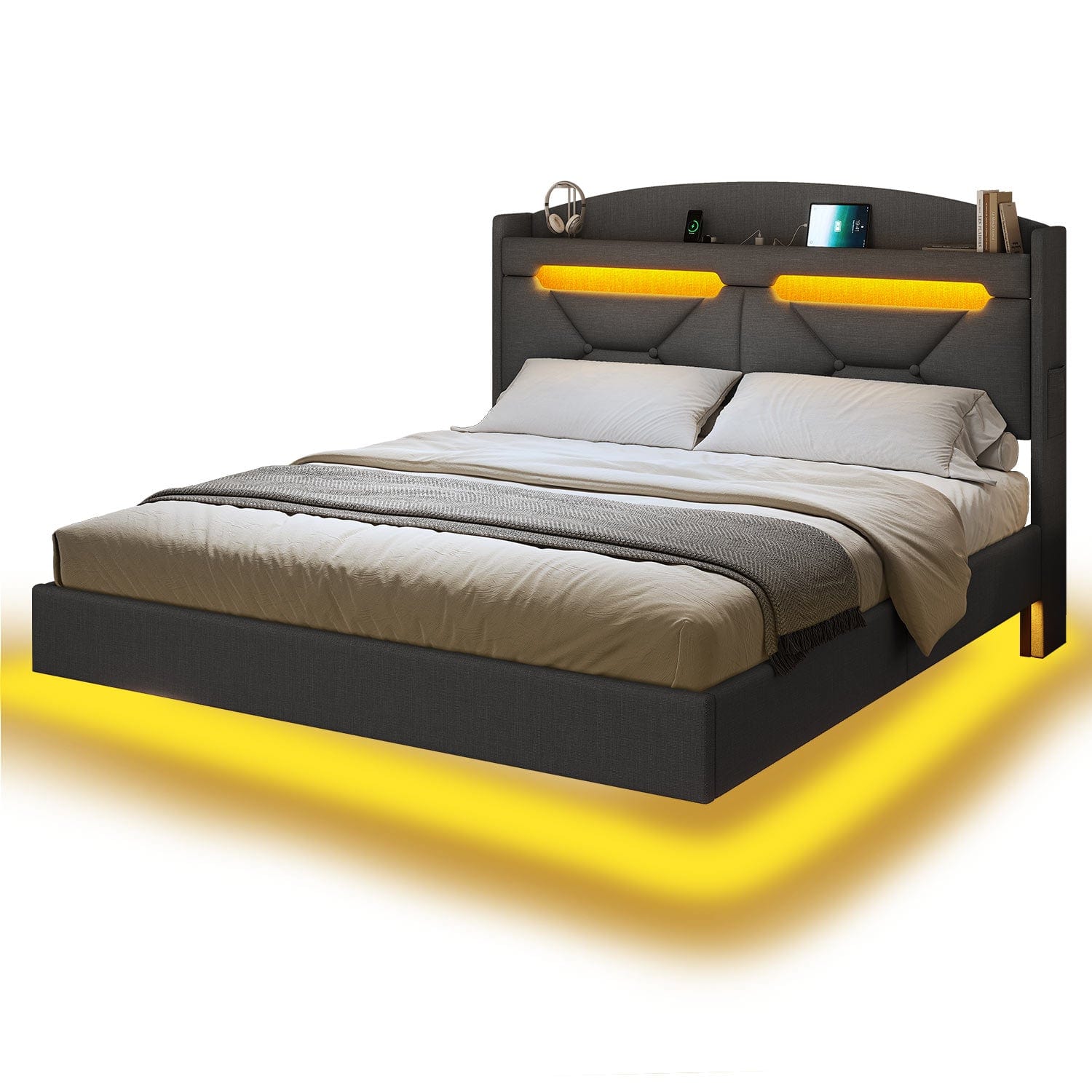 Linen LED Floating Bed Frame with Charging Station Dark Grey | Sikaic