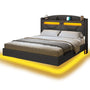 Sikaic Bed Frame LED Floating Bed Frame with Charging Station Hidden Storage Dark Grey