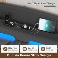 Sikaic Bed Frame LED Floating Bed Frame with Charging Station Hidden Storage Dark Grey