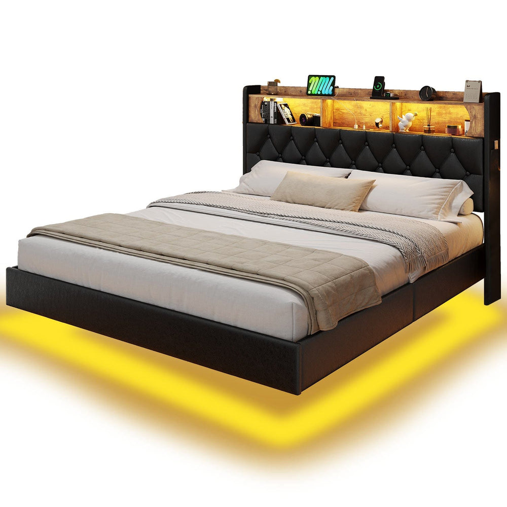 Sikaic Bed Frame LED Floating Bed Frame With Storage Headboard & Charging Station Dark Grey