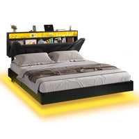 Sikaic Bed Frame LED Floating Upholstered Leather Platform Bed Frame Black