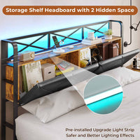 Sikaic Bed Frame LED Metal Bed Frame Storage Headboard with Charging Station Black