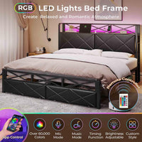 Sikaic Bed Frame LED Metal Bed Frame Storage Headboard with Charging Station Black