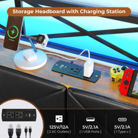 Sikaic Bed Frame LED Metal Bed Frame Storage Headboard with Charging Station Black